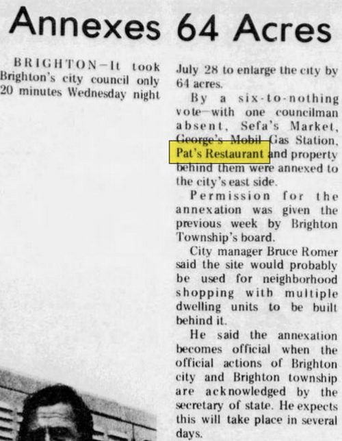 Pats Restaurant - Aug 1971 Article On Annexation (newer photo)